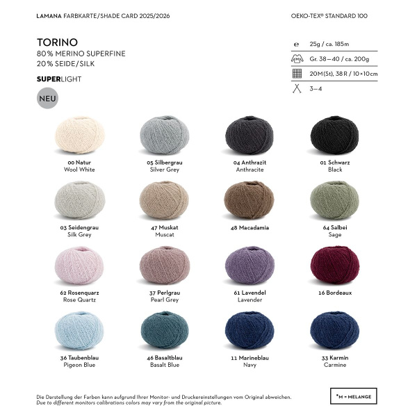 TORINO /Торино/ пряжа Lamana (80% шерсть мериноса сверхлегкая, 20% шелк), 10*25г/185м, Torino