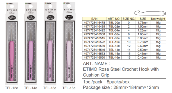 Крючок для вязания с ручкой "ETIMO Rose" 0.6 мм, Tulip, TEL-12e